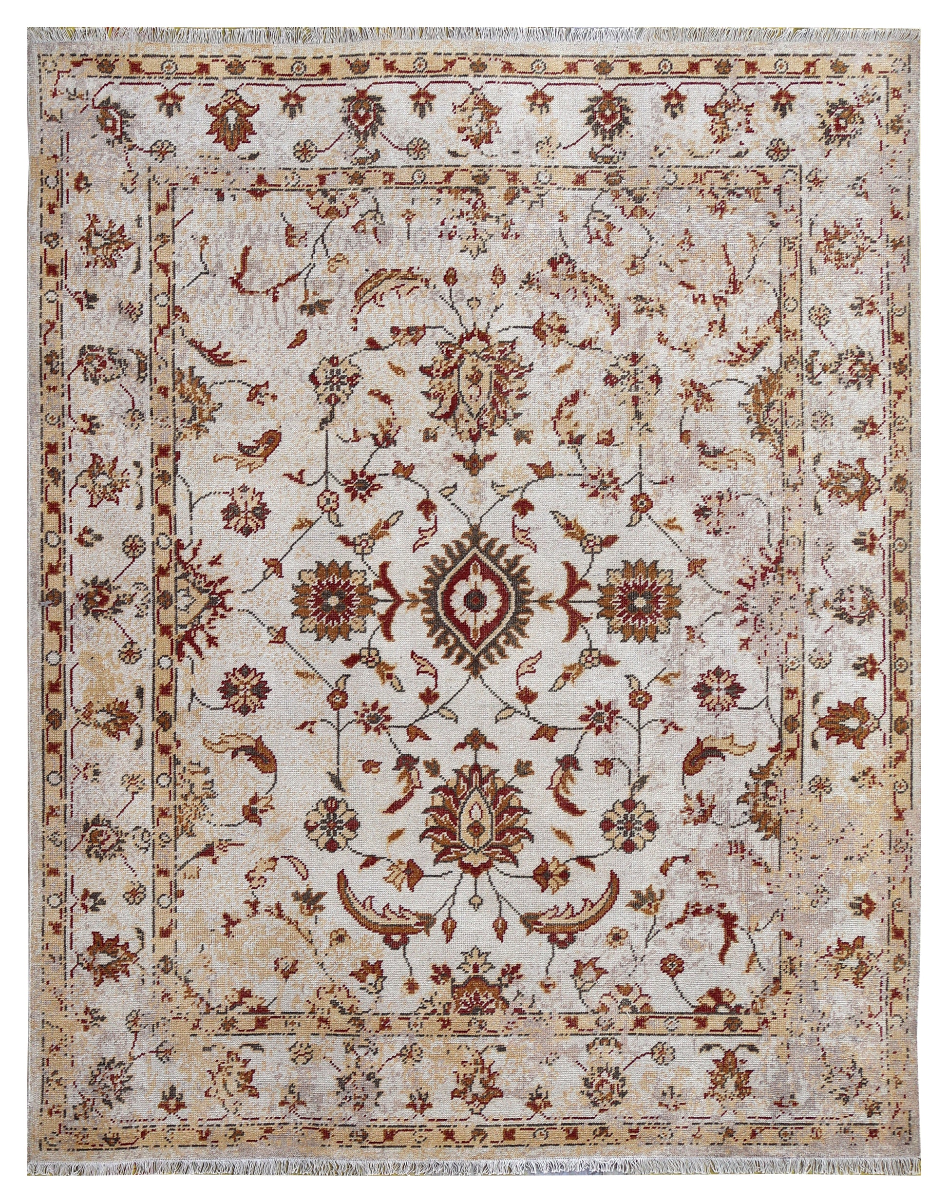 Ivory Red Green Ziegler Floral Medallion Wool Viscose Hand Knotted Vintage 8x10 Area Rug