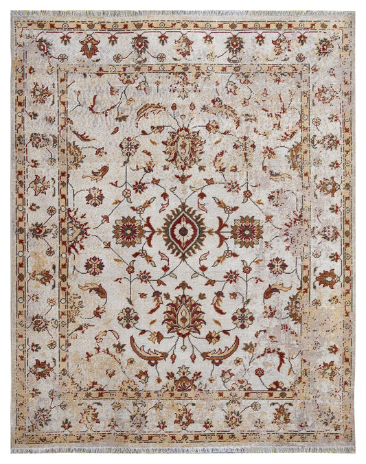 Ivory Red Green Ziegler Floral Medallion Wool Viscose Hand Knotted Vintage 8x10 Area Rug