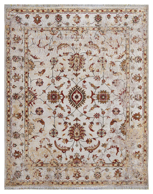 Ivory Red Green Ziegler Floral Medallion Wool Viscose Hand Knotted Vintage 8x10 Area Rug