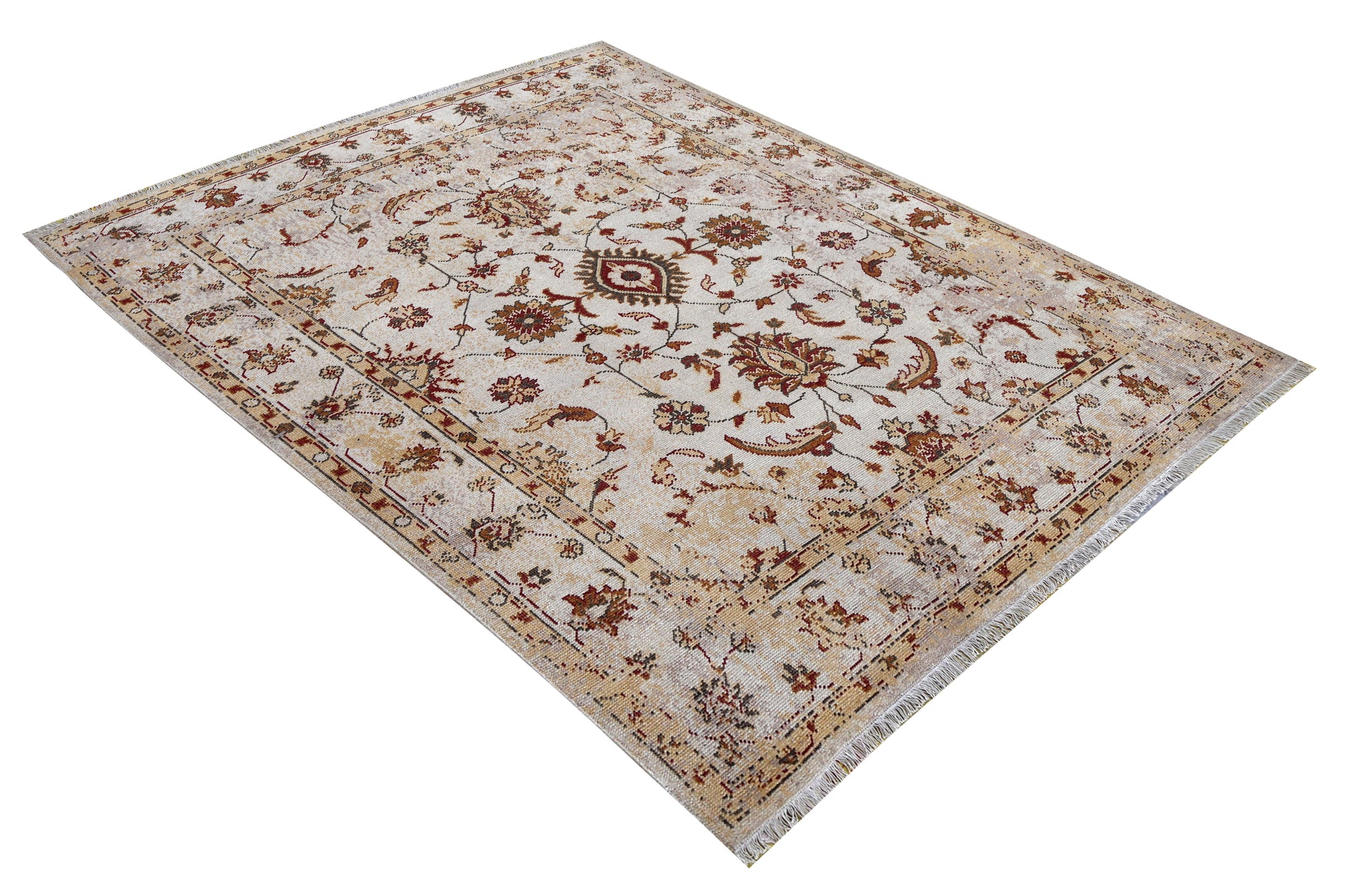 Ivory Red Green Ziegler Floral Medallion Wool Viscose Hand Knotted Vintage 8x10 Area Rug