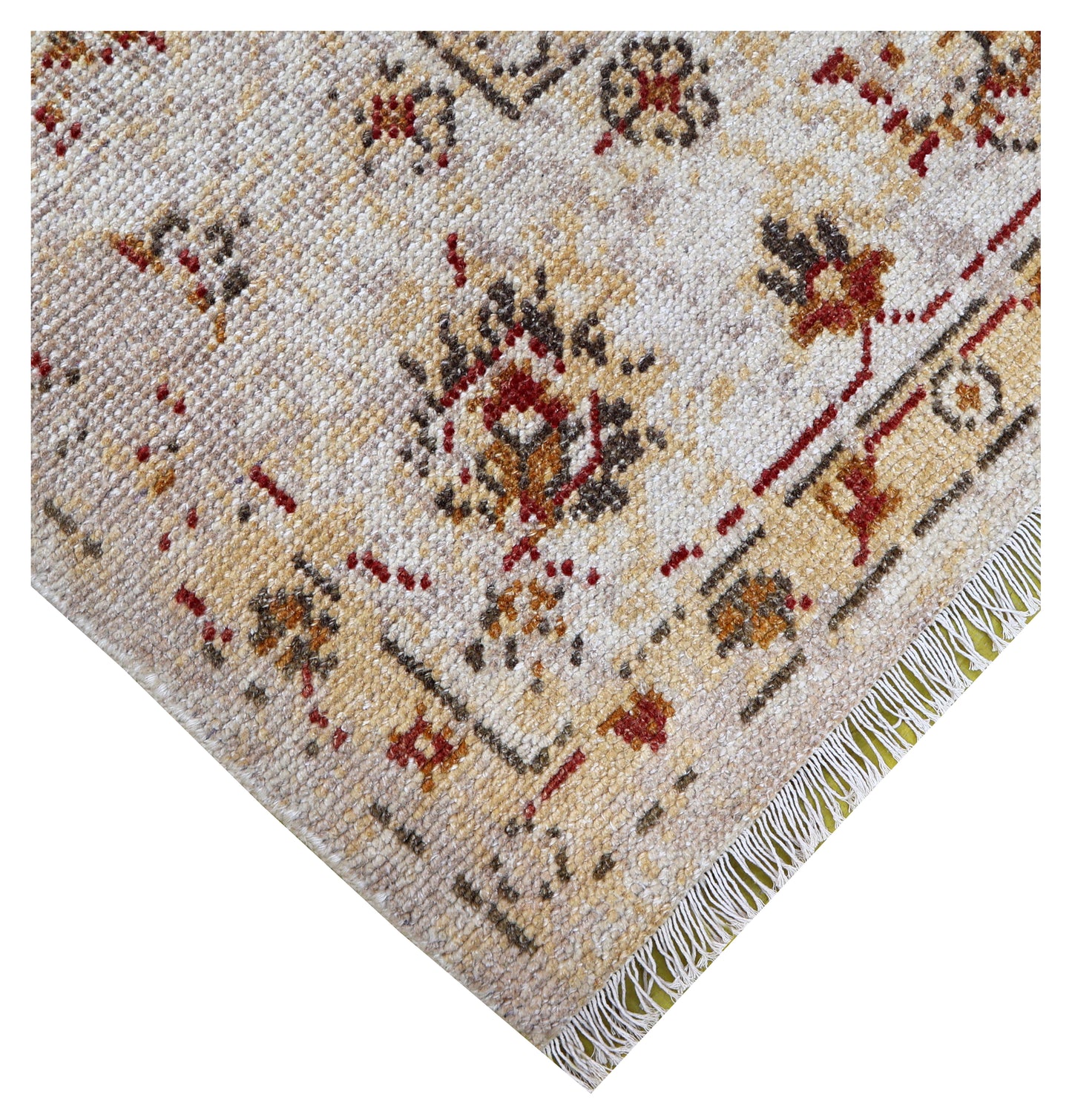 Ivory Red Green Ziegler Floral Medallion Wool Viscose Hand Knotted Vintage 8x10 Area Rug