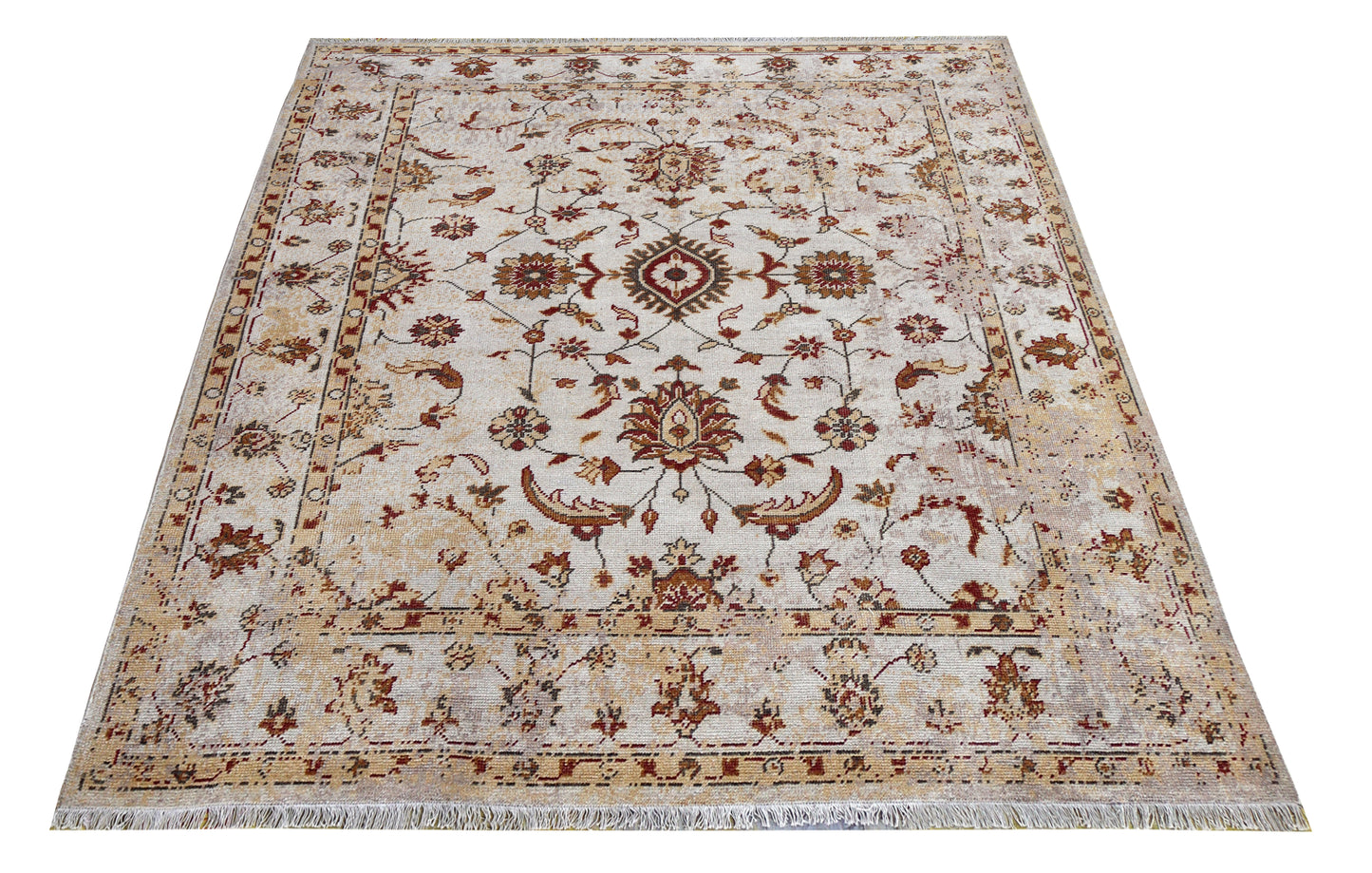 Ivory Red Green Ziegler Floral Medallion Wool Viscose Hand Knotted Vintage 8x10 Area Rug