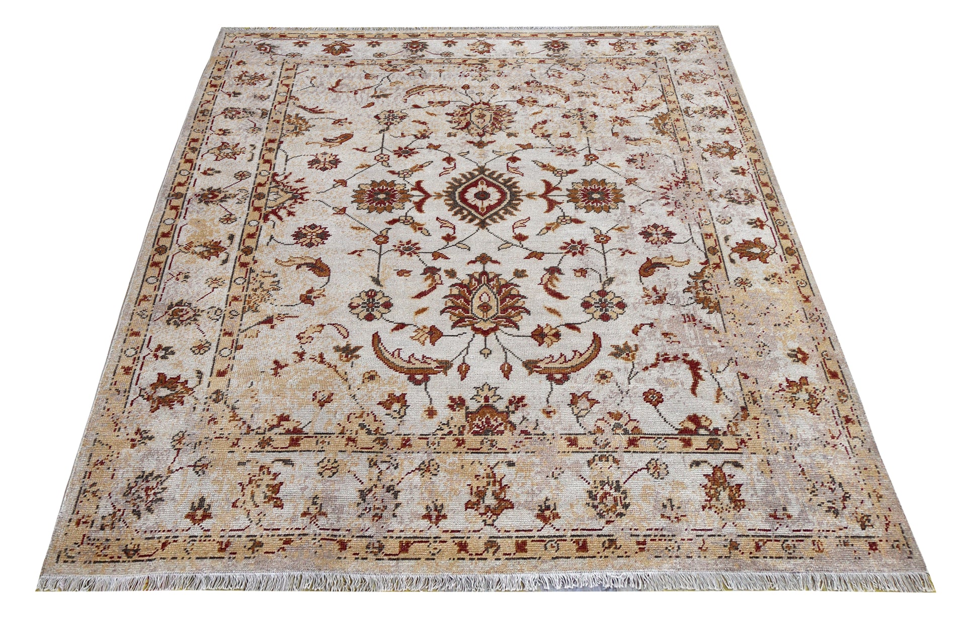 Ivory Red Green Ziegler Floral Medallion Wool Viscose Hand Knotted Vintage 8x10 Area Rug