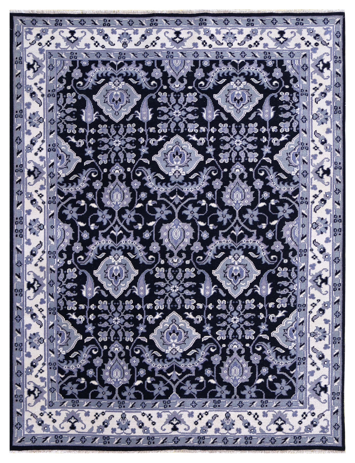Black Grey Ivory Toushak Floral Arabesque Wool Hand Knotted Traditional 8x10 Area Rug