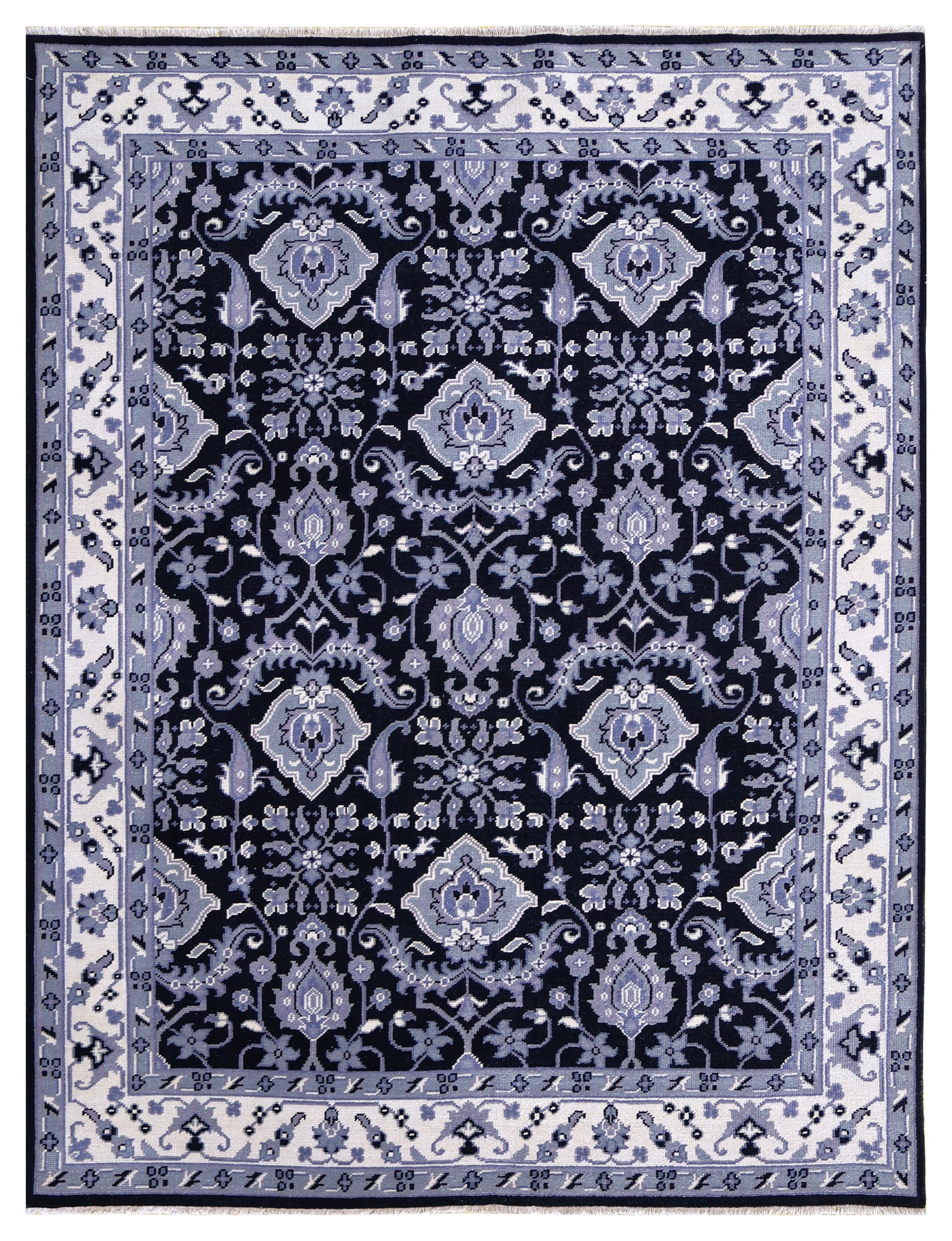 Black Grey Ivory Toushak Floral Arabesque Wool Hand Knotted Traditional 8x10 Area Rug