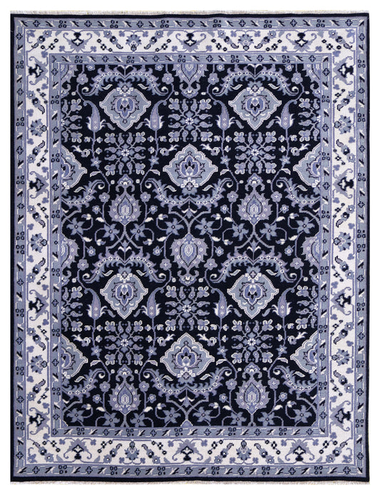 Black Grey Ivory Toushak Floral Arabesque Wool Hand Knotted Traditional 8x10 Area Rug