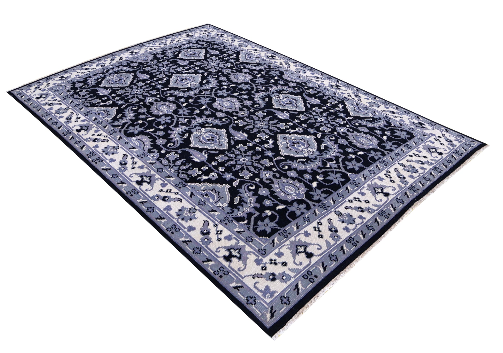Black Grey Ivory Toushak Floral Arabesque Wool Hand Knotted Traditional 8x10 Area Rug