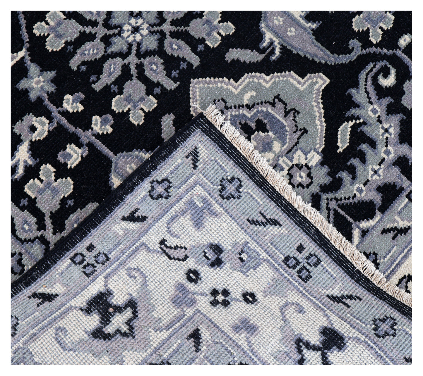 Black Grey Ivory Toushak Floral Arabesque Wool Hand Knotted Traditional 8x10 Area Rug