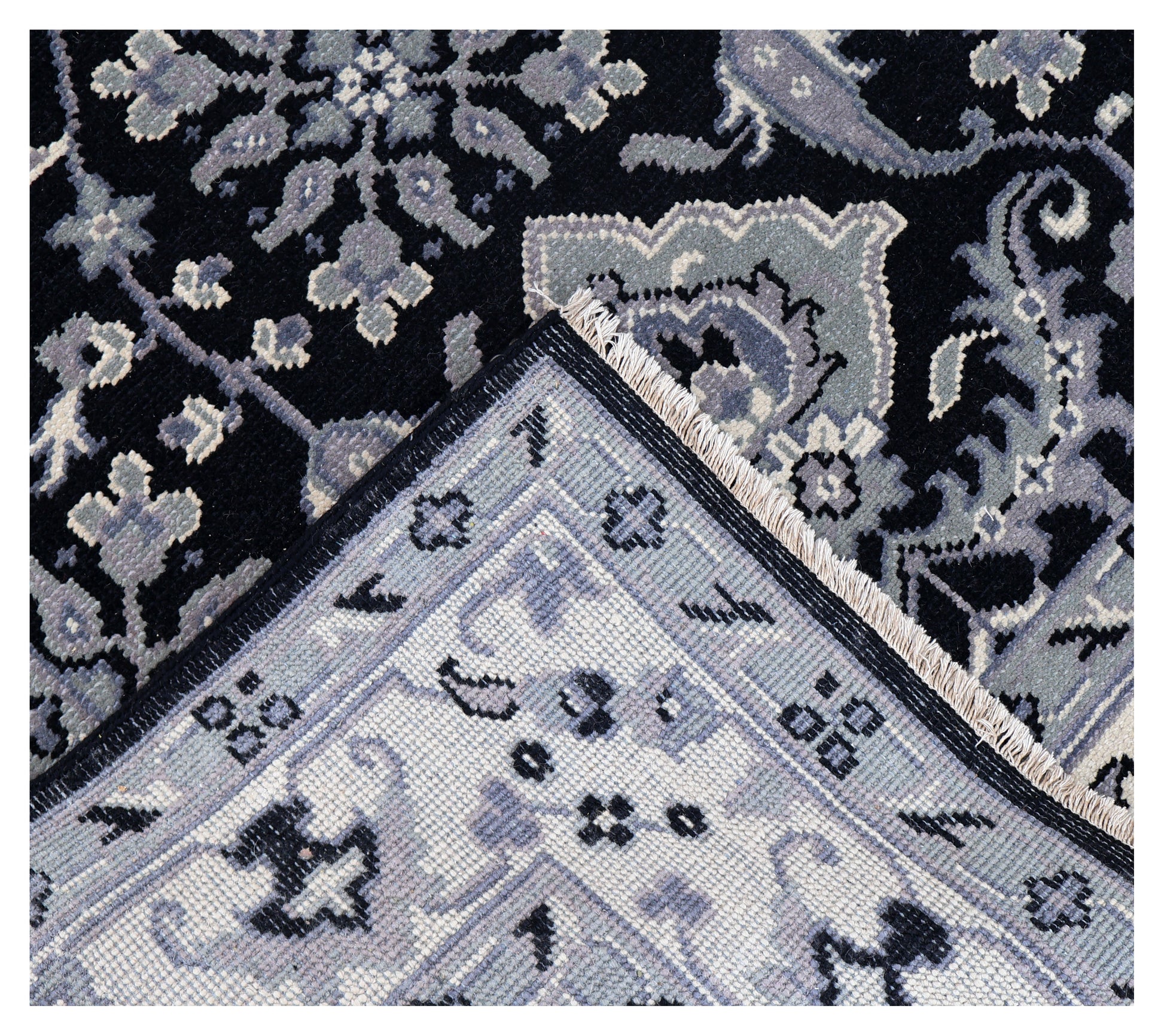 Black Grey Ivory Toushak Floral Arabesque Wool Hand Knotted Traditional 8x10 Area Rug