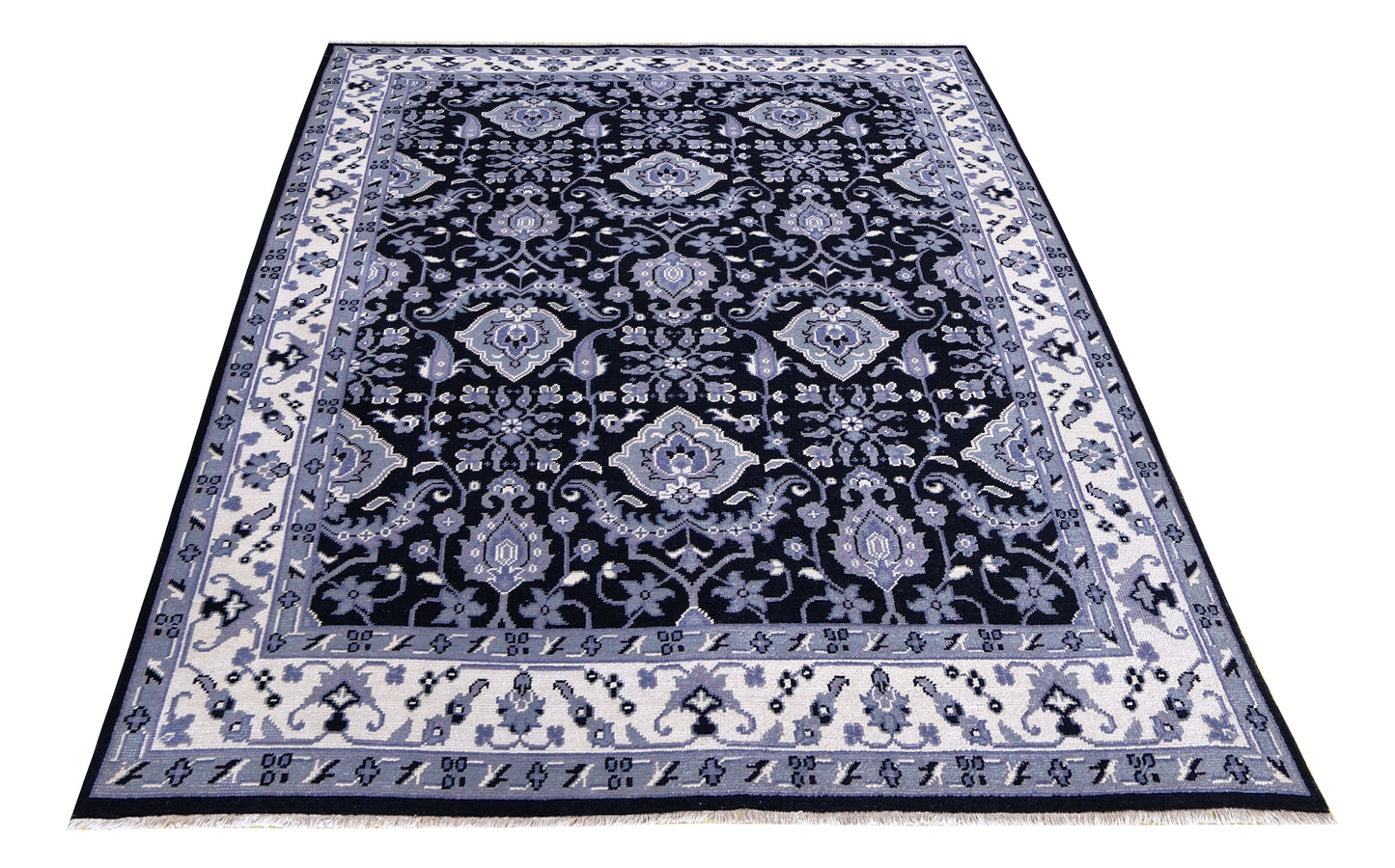 Black Grey Ivory Toushak Floral Arabesque Wool Hand Knotted Traditional 8x10 Area Rug