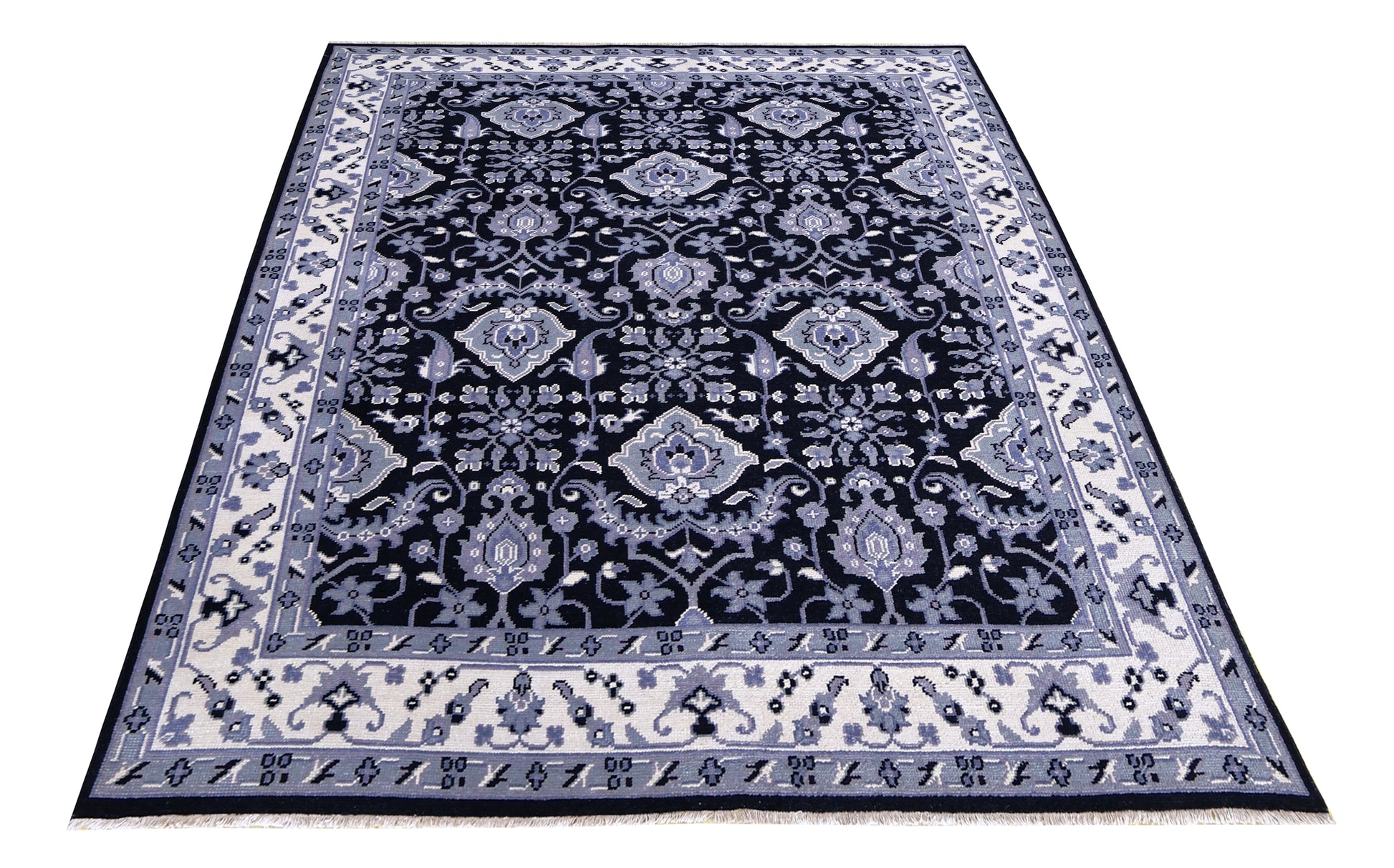 Black Grey Ivory Toushak Floral Arabesque Wool Hand Knotted Traditional 8x10 Area Rug