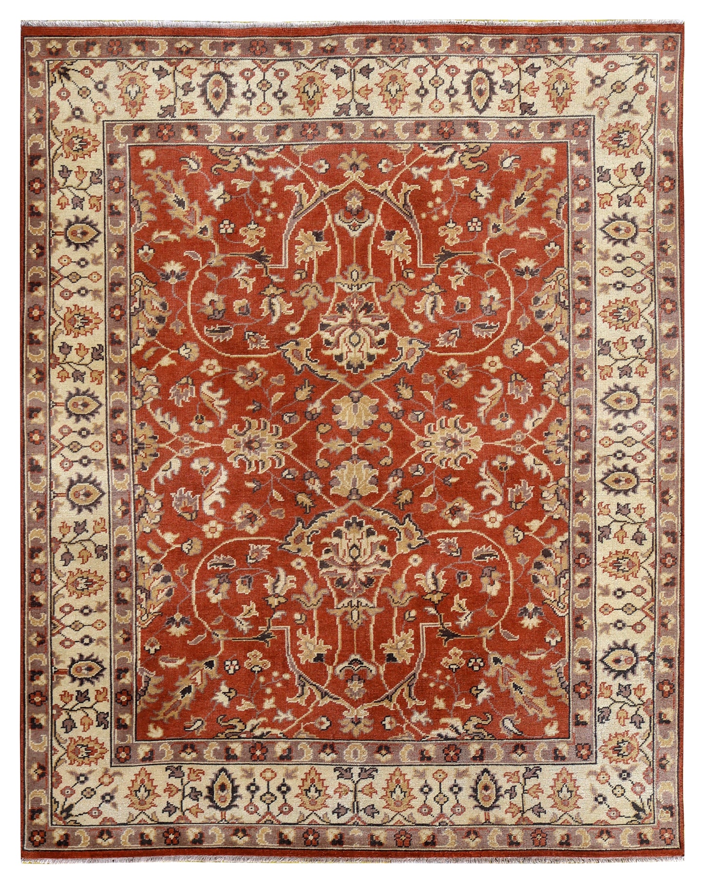 Rust Red Ivory Gold Toushak Floral Vine Wool Hand Knotted Vintage 8x10 Area Rug