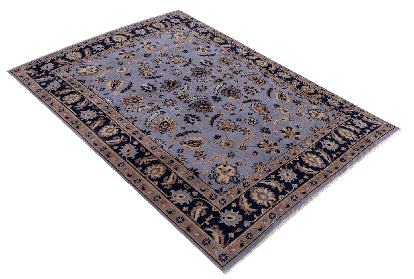 Slate Blue Navy Gold Toushak Floral Wool Hand Knotted Antique Vintage 8x10 Area Rug