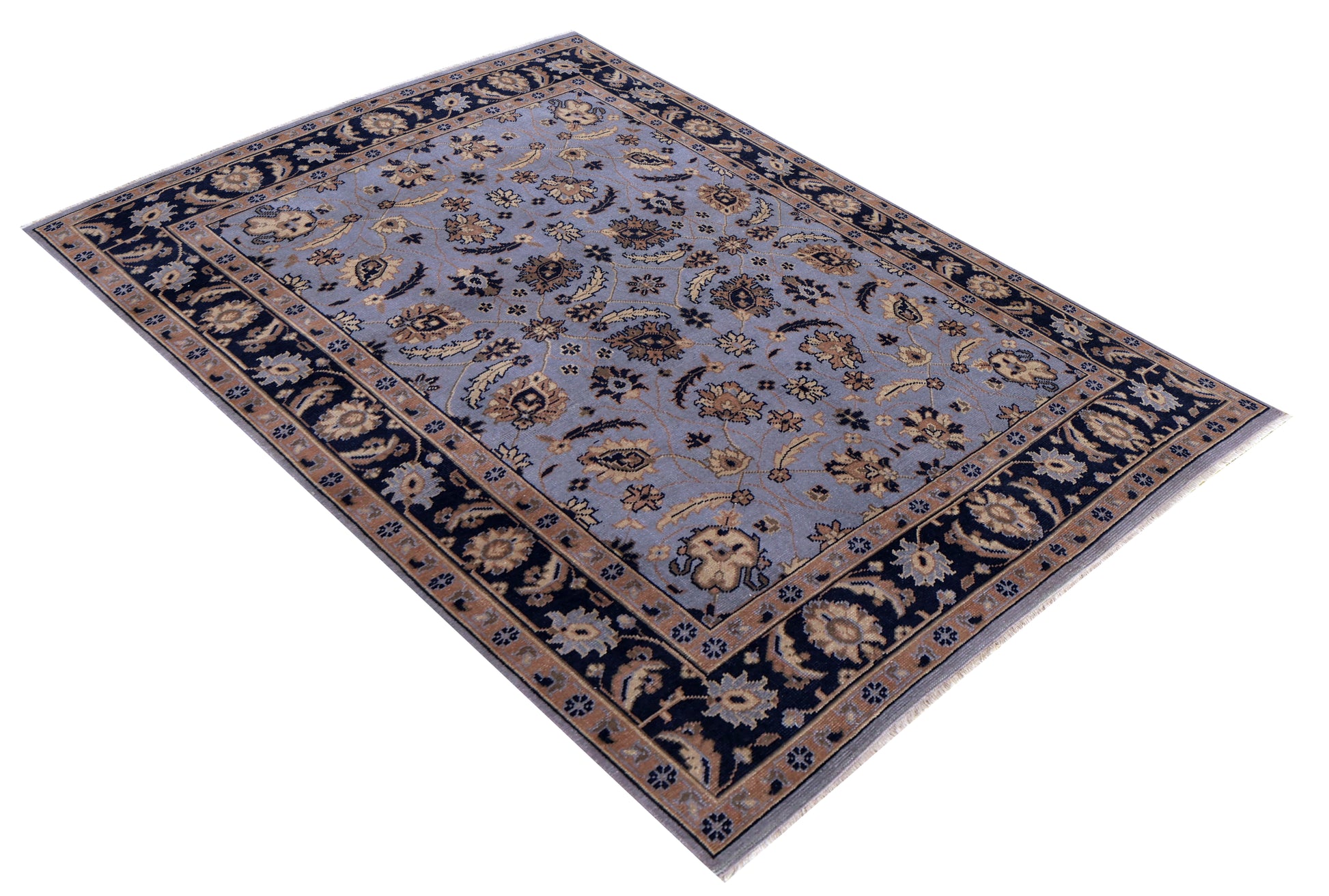 Slate Blue Navy Gold Toushak Floral Wool Hand Knotted Antique Vintage 8x10 Area Rug