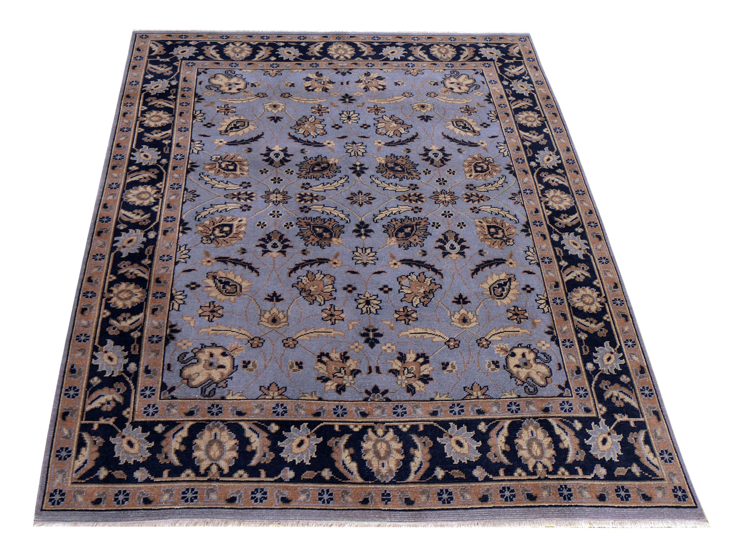 Slate Blue Navy Gold Toushak Floral Wool Hand Knotted Antique Vintage 8x10 Area Rug