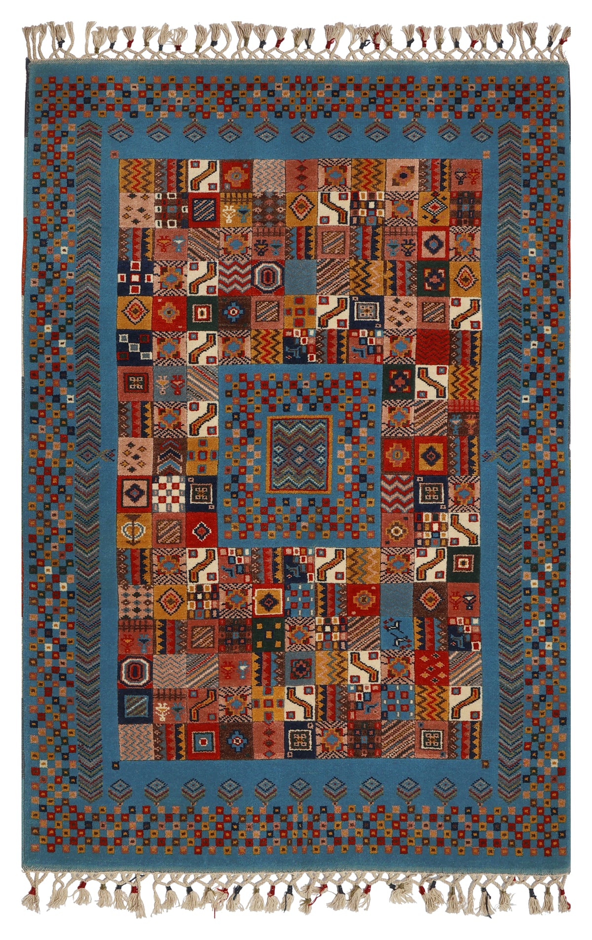 Sky Blue Gabbeh Patchwork Panel Multicolour Folk Art Hand Knotted Wool Area Rug