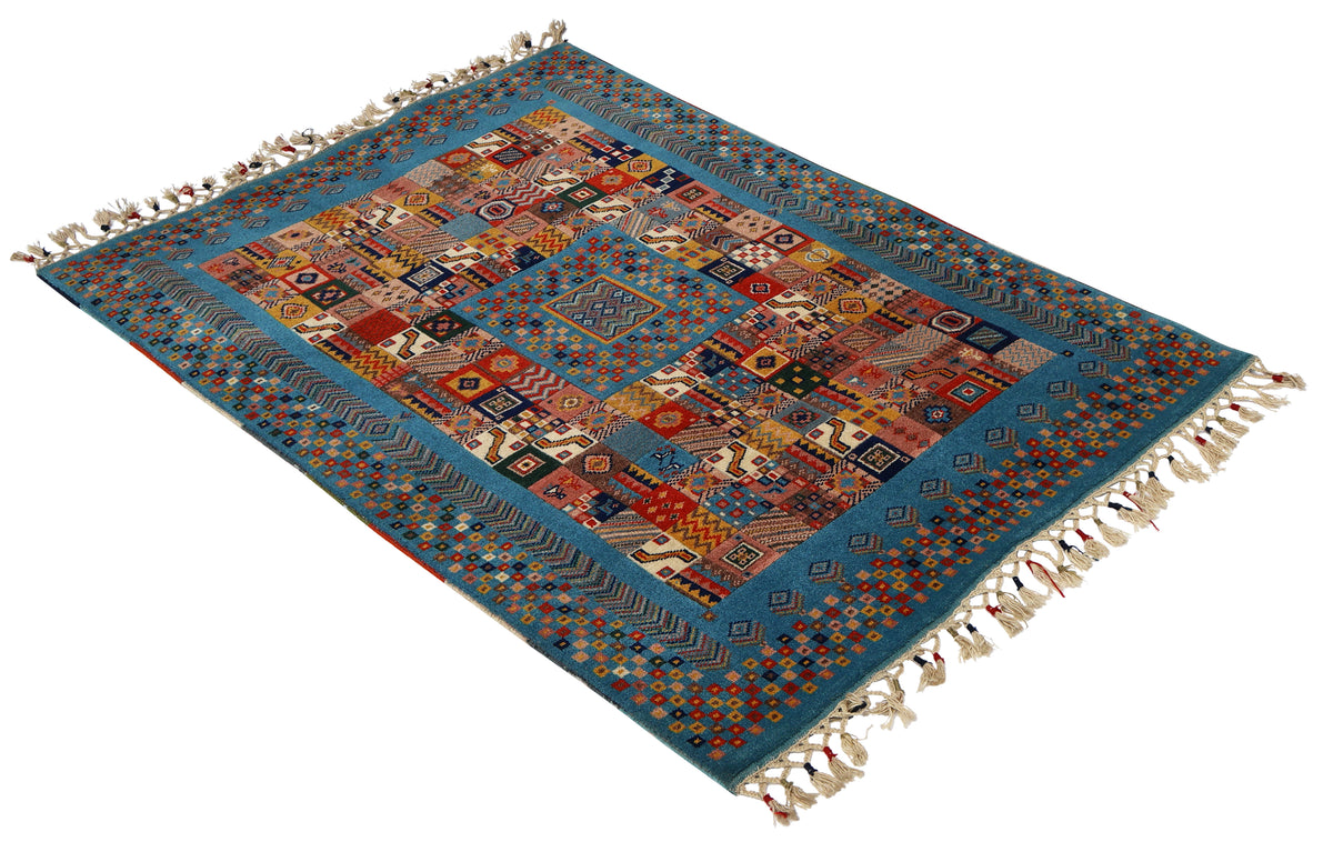 Sky Blue Gabbeh Patchwork Panel Multicolour Folk Art Hand Knotted Wool Area Rug