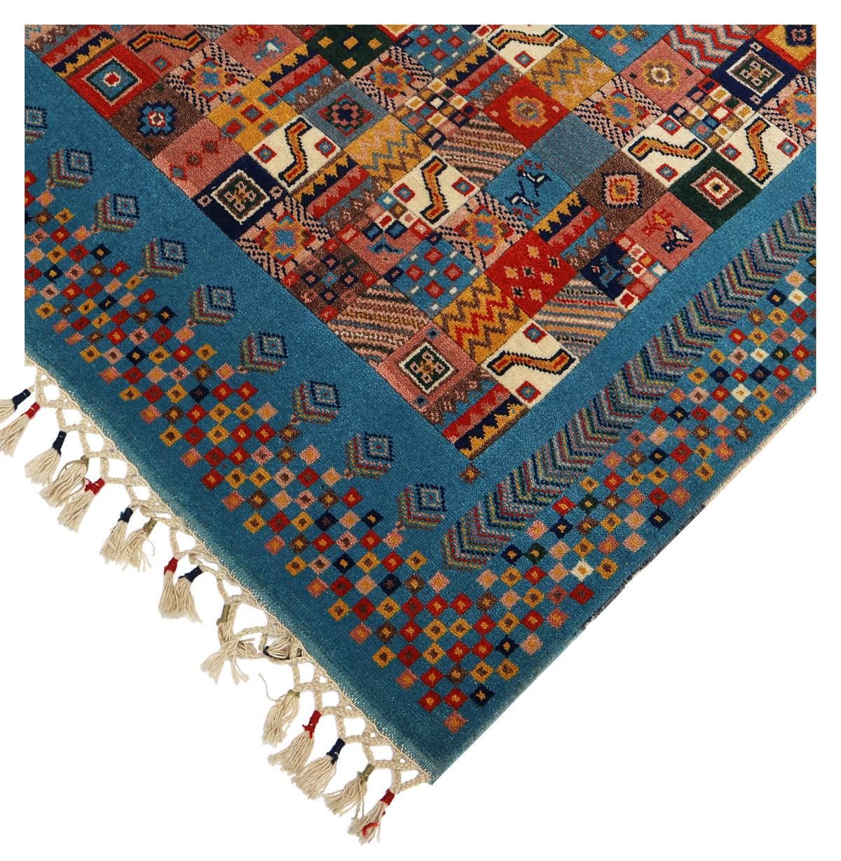 Sky Blue Gabbeh Patchwork Panel Multicolour Folk Art Hand Knotted Wool Area Rug