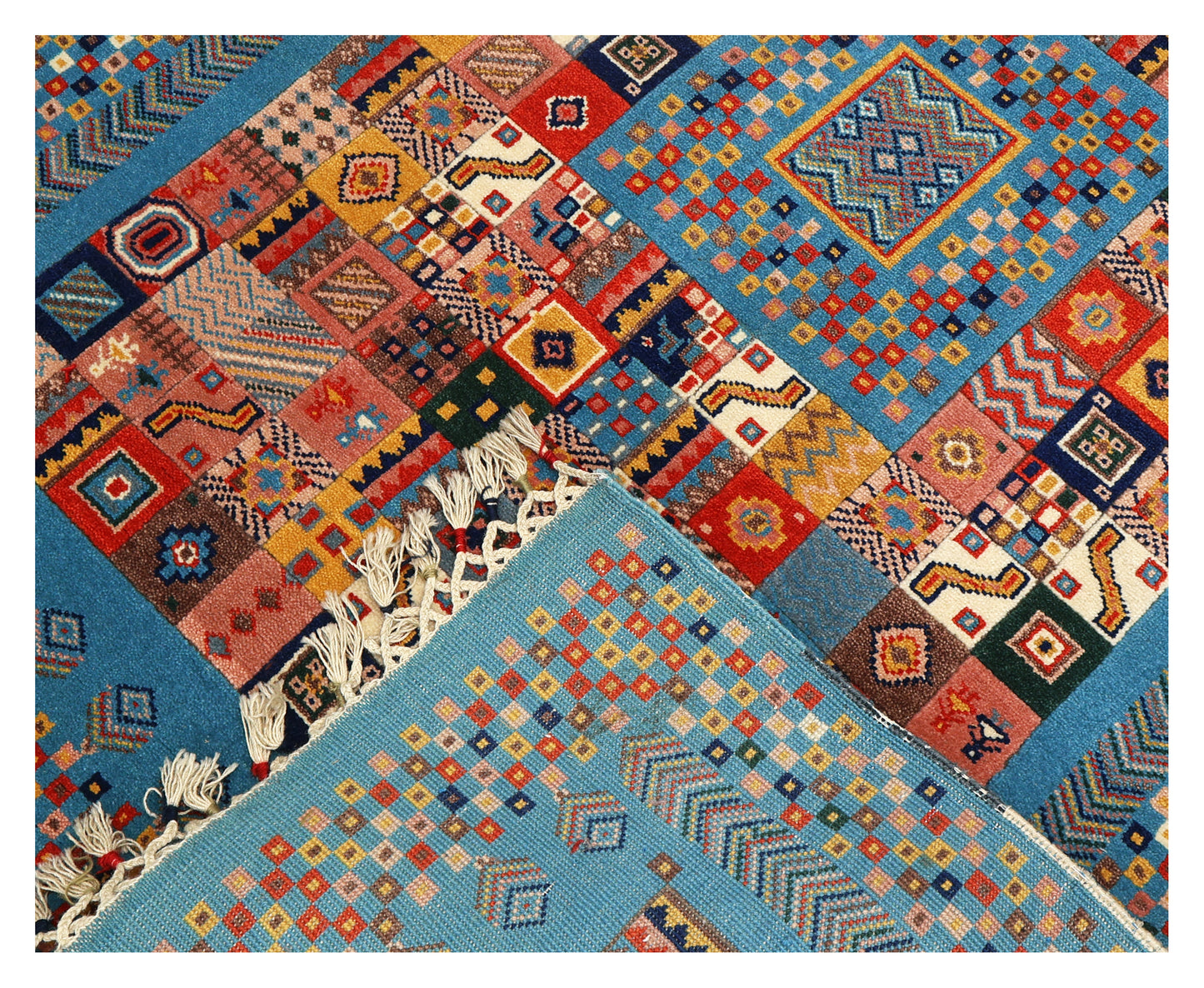 Sky Blue Gabbeh Patchwork Panel Multicolour Folk Art Hand Knotted Wool Area Rug