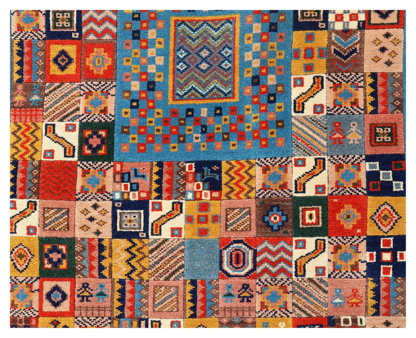 Sky Blue Gabbeh Patchwork Panel Multicolour Folk Art Hand Knotted Wool Area Rug