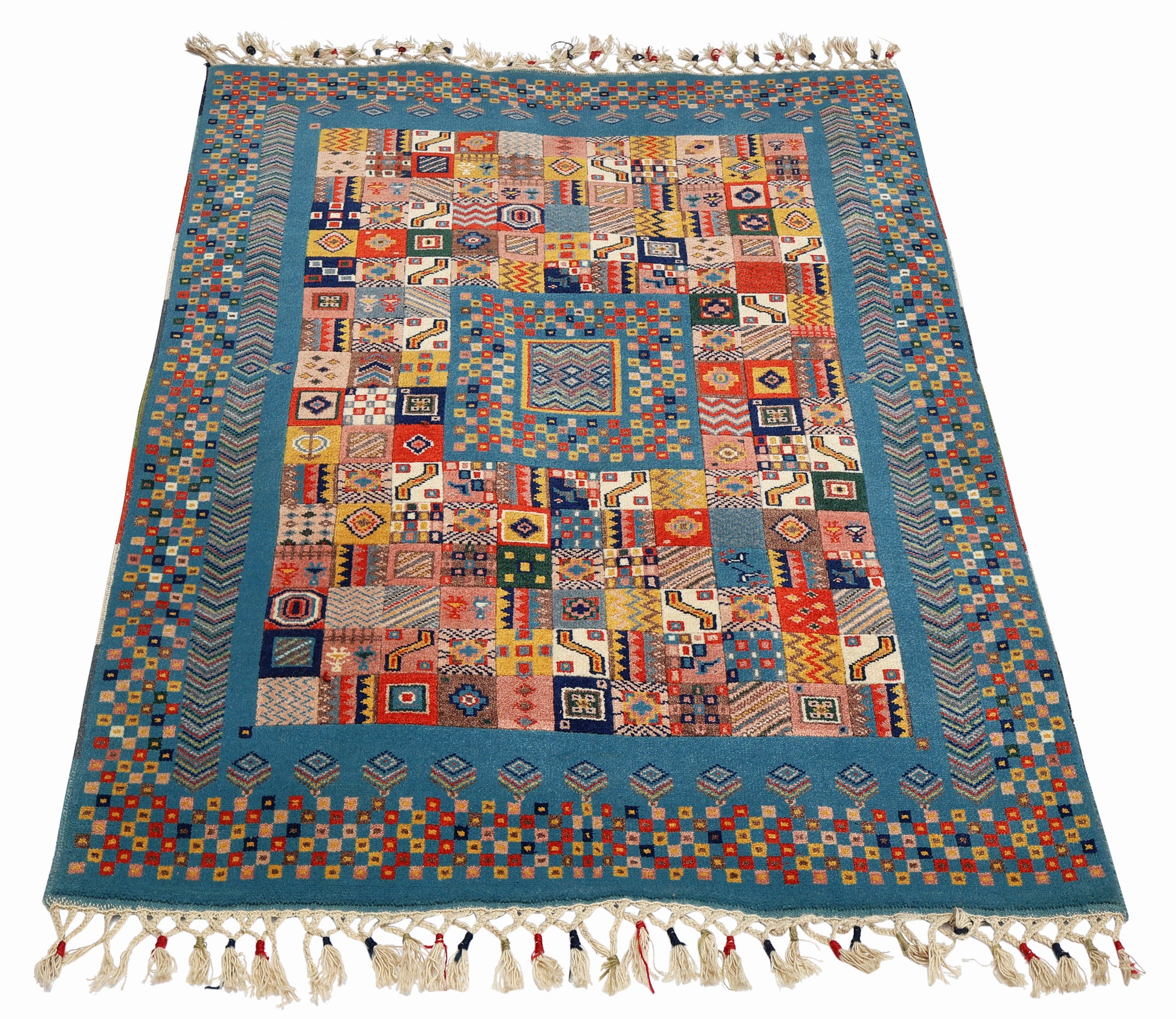 Sky Blue Gabbeh Patchwork Panel Multicolour Folk Art Hand Knotted Wool Area Rug