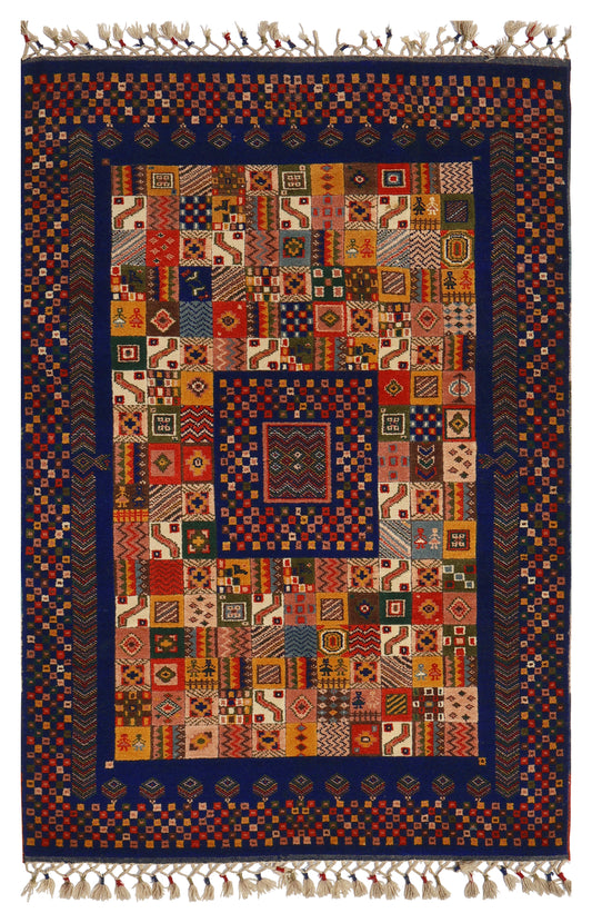 Midnight Navy Blue Gabbeh Patchwork Panel Multicolour Folk Art Hand Knotted Wool Area Rug