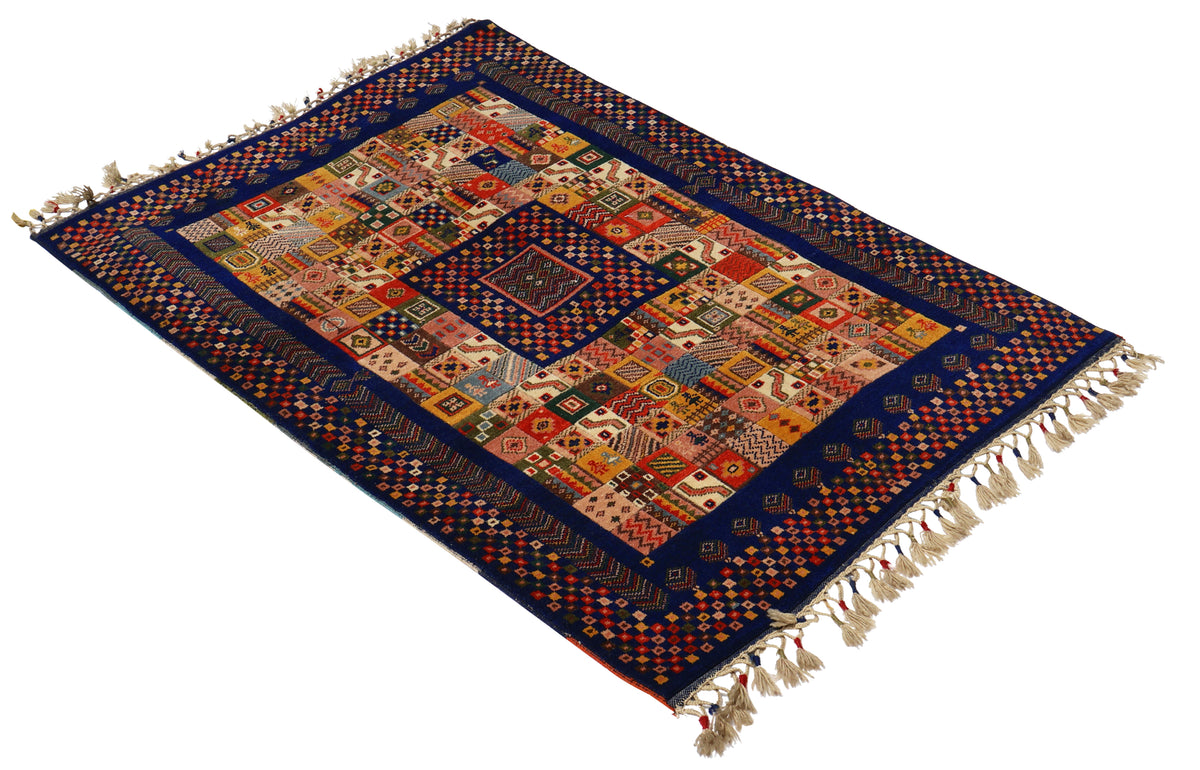 Midnight Navy Blue Gabbeh Patchwork Panel Multicolour Folk Art Hand Knotted Wool Area Rug