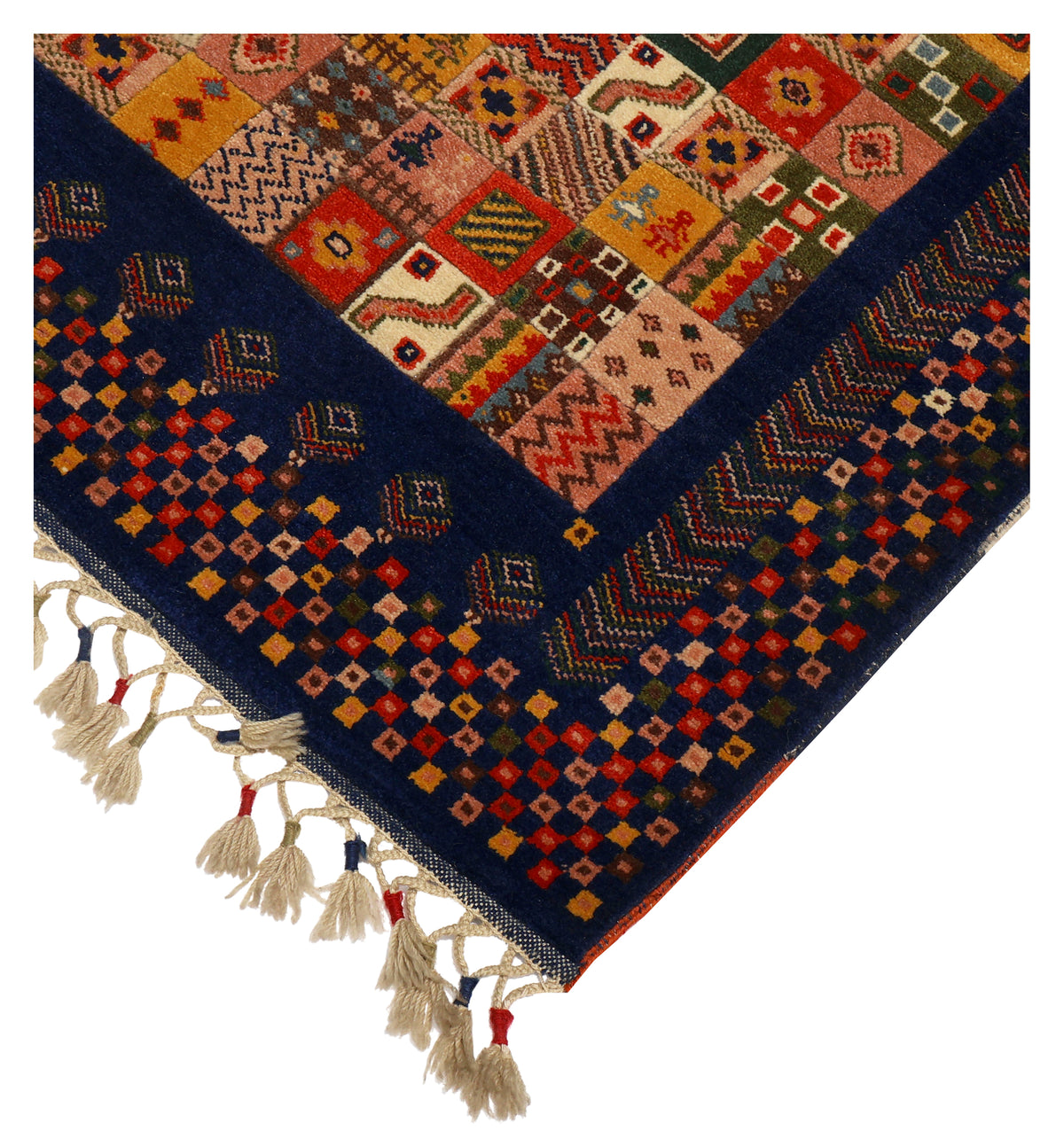 Midnight Navy Blue Gabbeh Patchwork Panel Multicolour Folk Art Hand Knotted Wool Area Rug