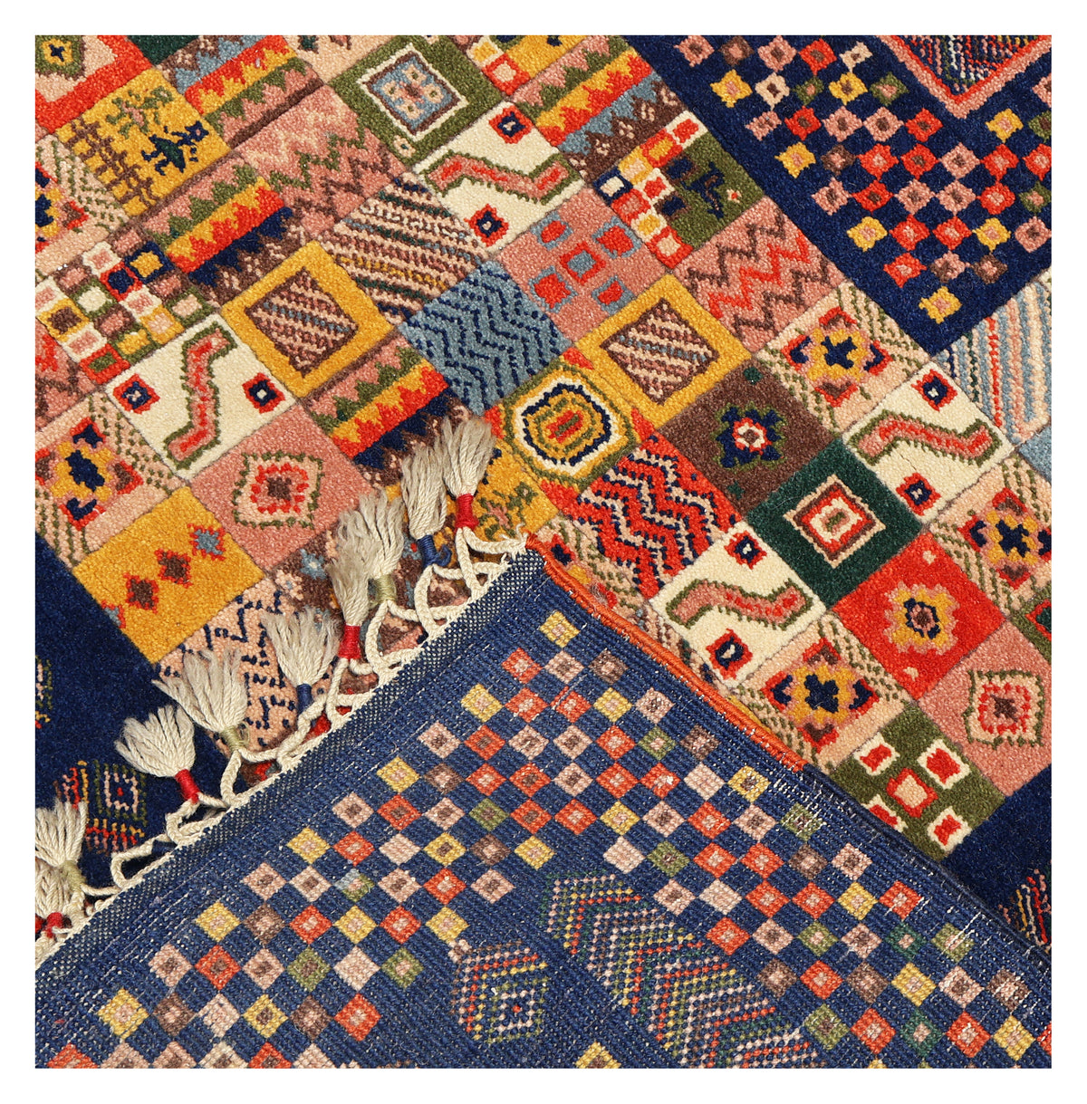Midnight Navy Blue Gabbeh Patchwork Panel Multicolour Folk Art Hand Knotted Wool Area Rug