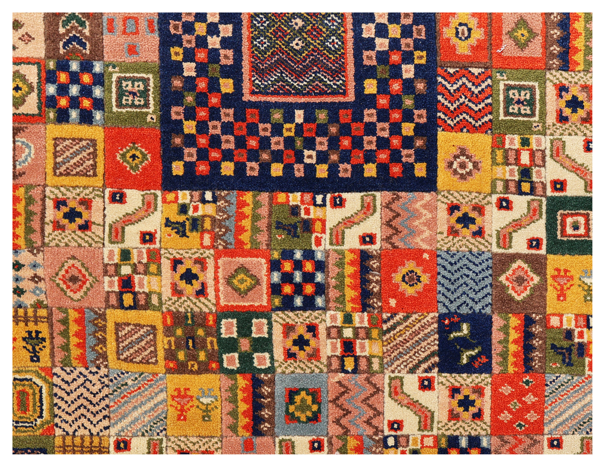 Midnight Navy Blue Gabbeh Patchwork Panel Multicolour Folk Art Hand Knotted Wool Area Rug
