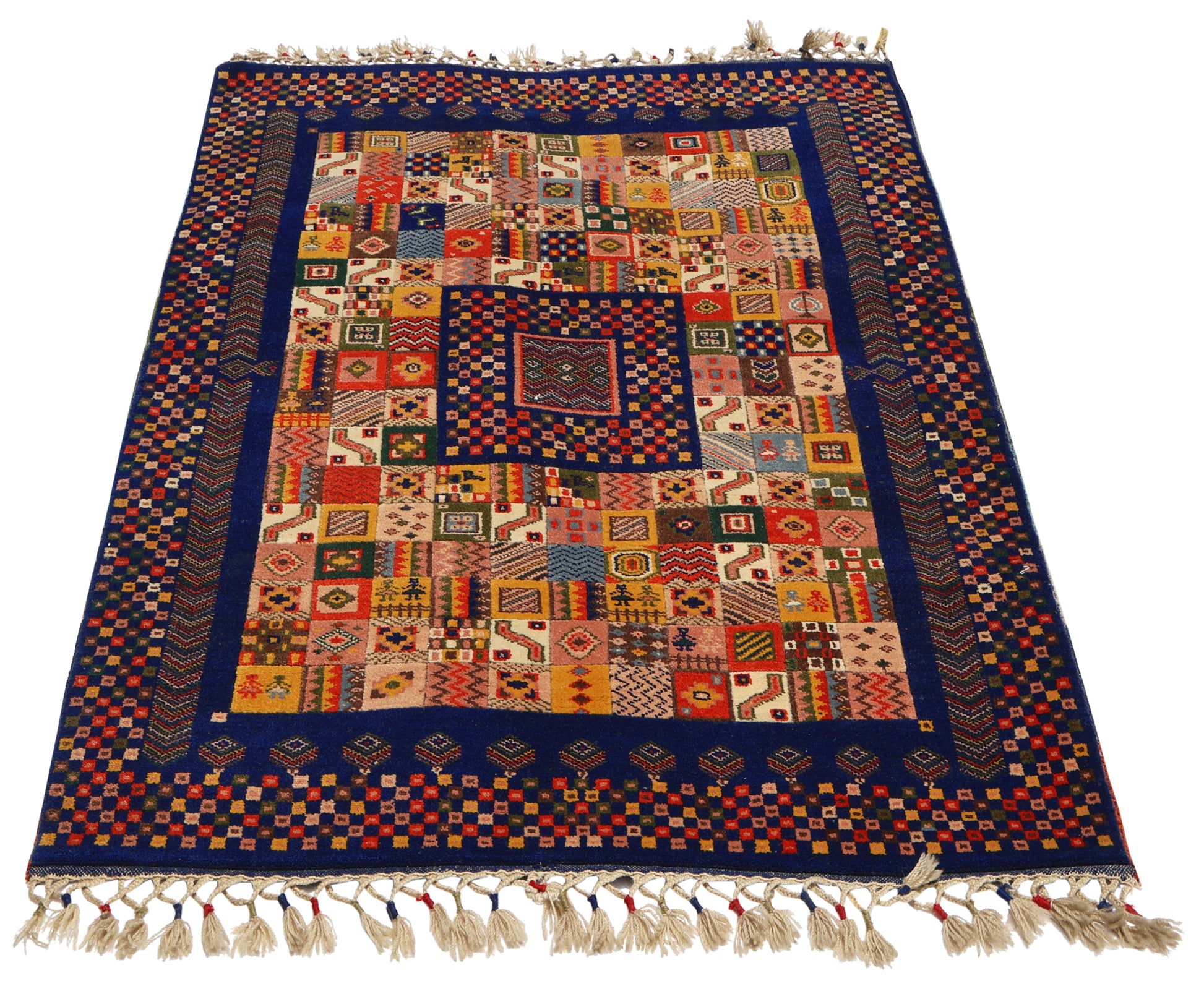 Midnight Navy Blue Gabbeh Patchwork Panel Multicolour Folk Art Hand Knotted Wool Area Rug