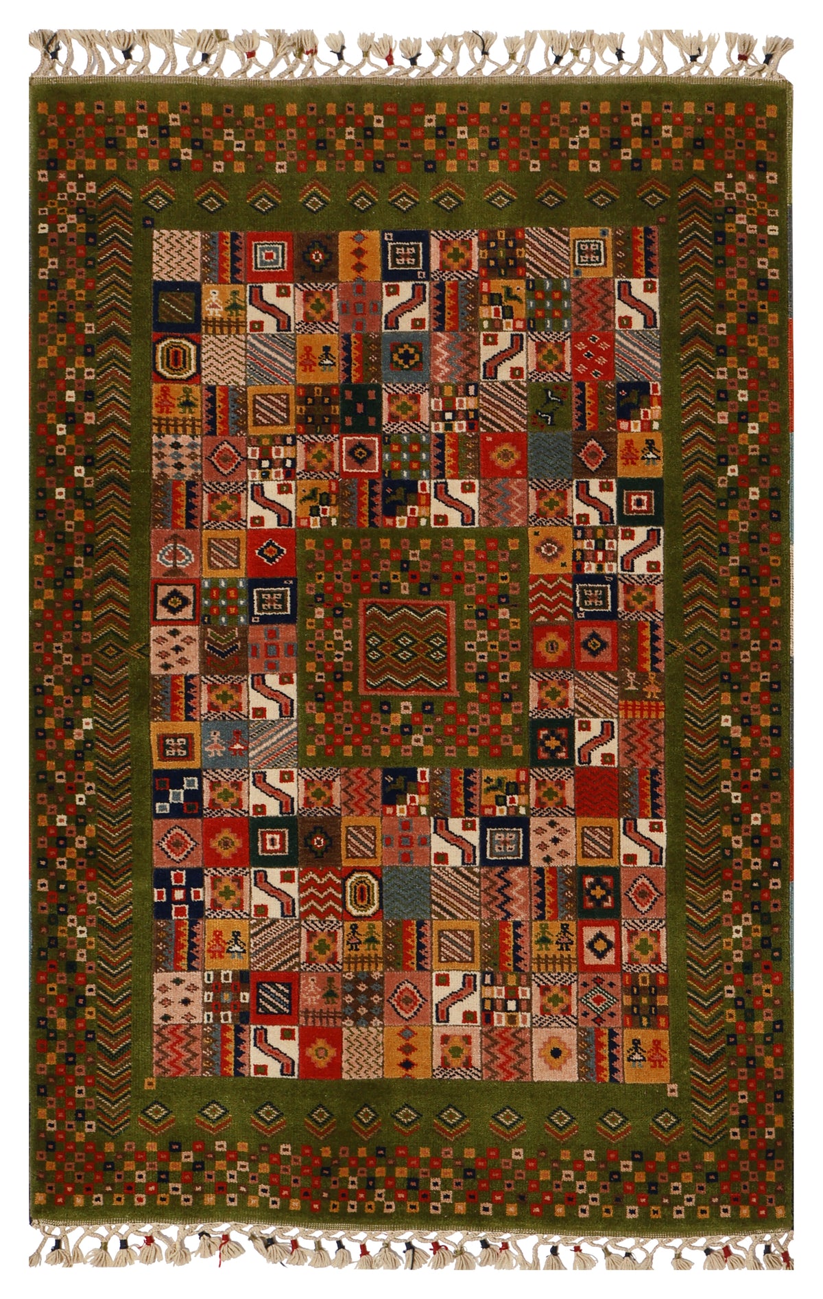 Olive Forest Green Gabbeh Patchwork Panel Multicolour Folk Art Hand Knotted Wool Area Rug