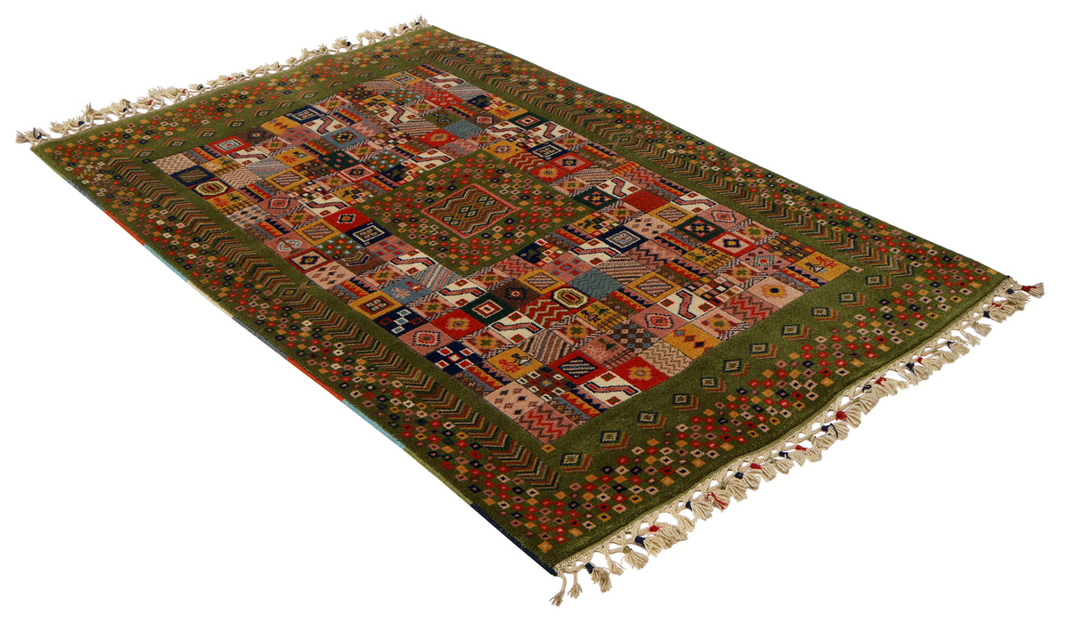 Olive Forest Green Gabbeh Patchwork Panel Multicolour Folk Art Hand Knotted Wool Area Rug