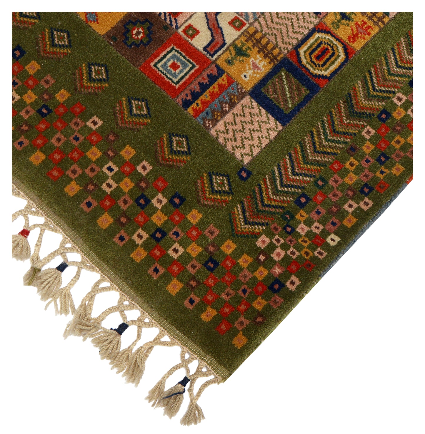 Olive Forest Green Gabbeh Patchwork Panel Multicolour Folk Art Hand Knotted Wool Area Rug