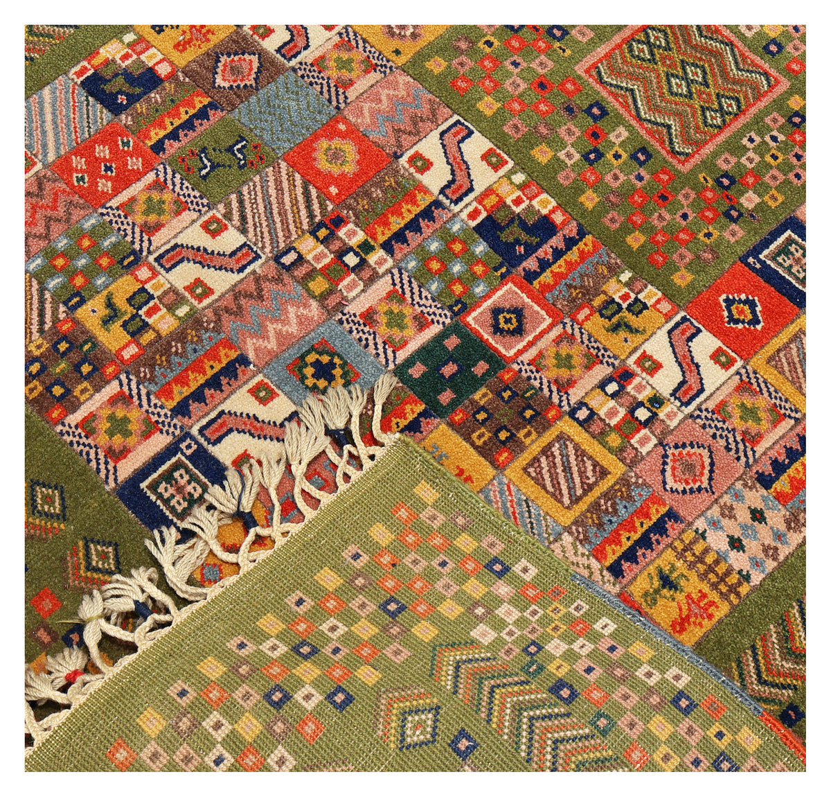 Olive Forest Green Gabbeh Patchwork Panel Multicolour Folk Art Hand Knotted Wool Area Rug