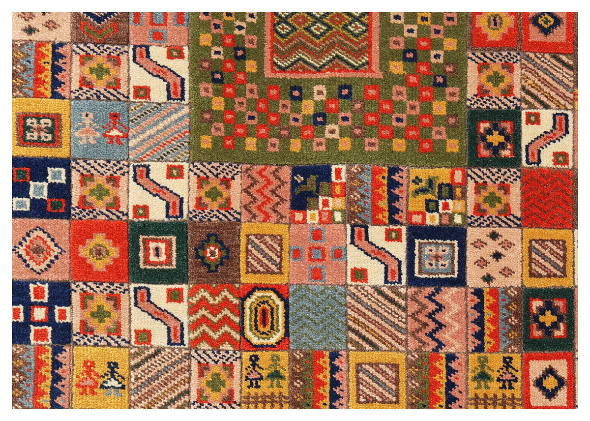 Olive Forest Green Gabbeh Patchwork Panel Multicolour Folk Art Hand Knotted Wool Area Rug