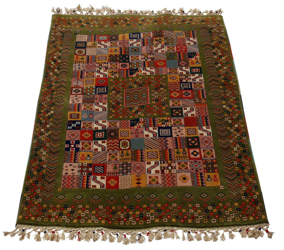 Olive Forest Green Gabbeh Patchwork Panel Multicolour Folk Art Hand Knotted Wool Area Rug