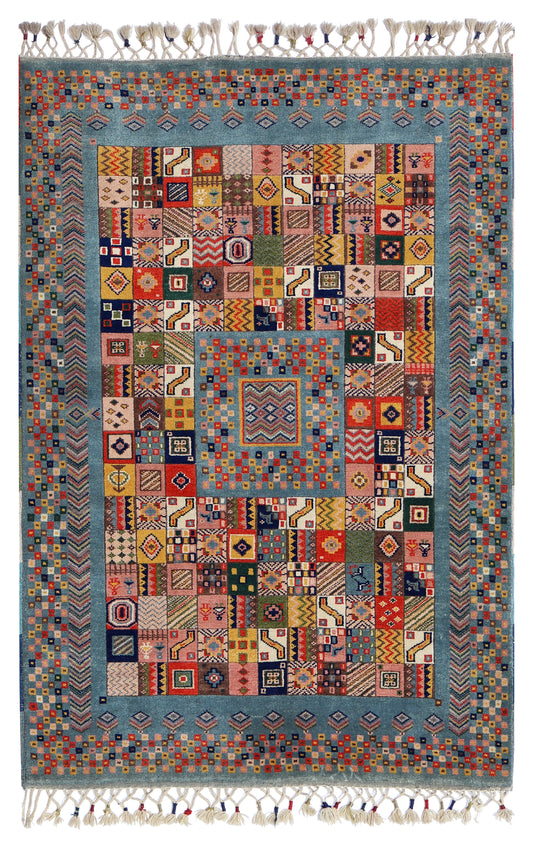 Powder Blue Gabbeh Patchwork Panel Multicolour Folk Art Hand Knotted Wool Area Rug