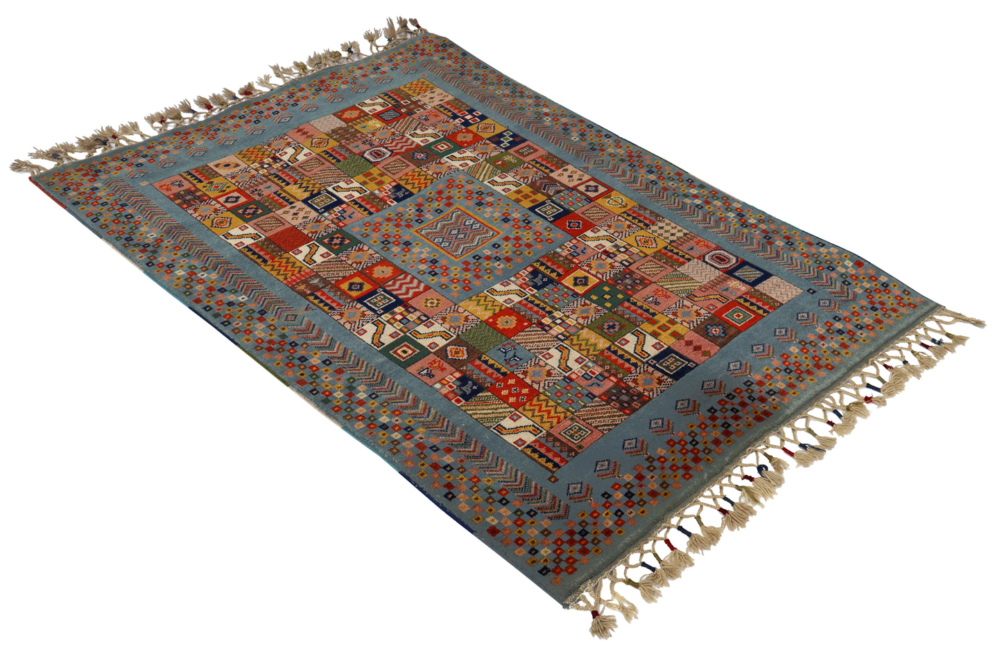 Powder Blue Gabbeh Patchwork Panel Multicolour Folk Art Hand Knotted Wool Area Rug