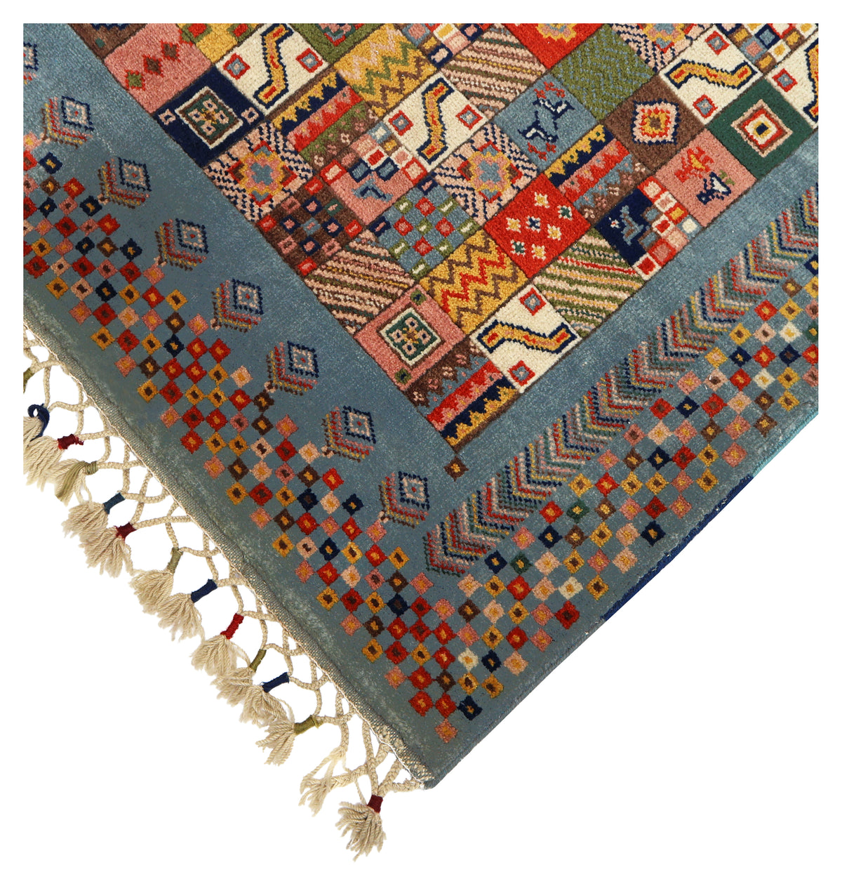 Powder Blue Gabbeh Patchwork Panel Multicolour Folk Art Hand Knotted Wool Area Rug