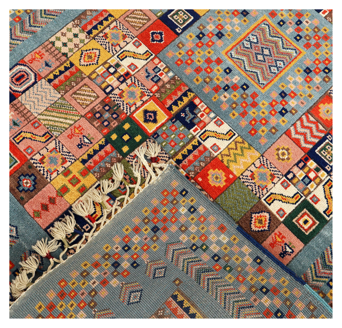 Powder Blue Gabbeh Patchwork Panel Multicolour Folk Art Hand Knotted Wool Area Rug