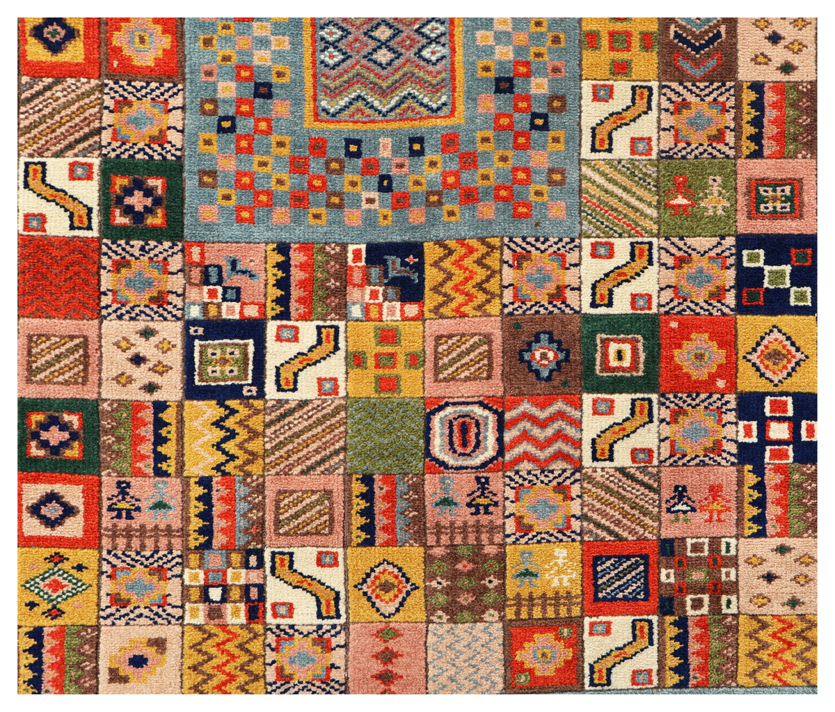 Powder Blue Gabbeh Patchwork Panel Multicolour Folk Art Hand Knotted Wool Area Rug