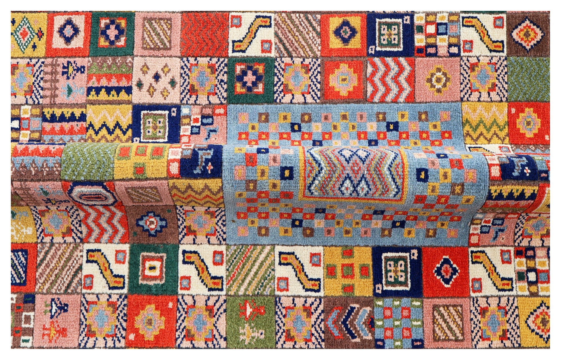 Powder Blue Gabbeh Patchwork Panel Multicolour Folk Art Hand Knotted Wool Area Rug