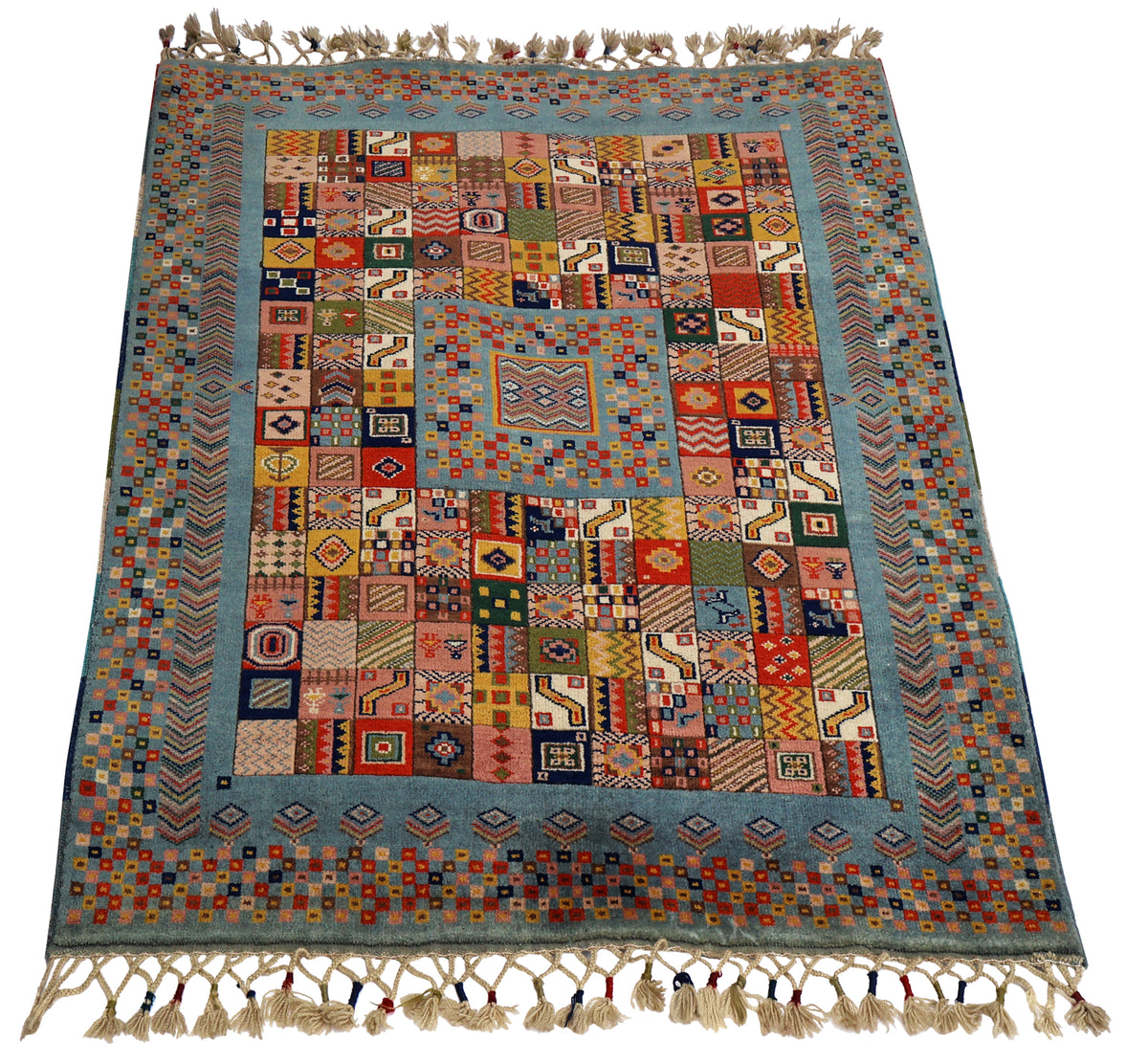 Powder Blue Gabbeh Patchwork Panel Multicolour Folk Art Hand Knotted Wool Area Rug
