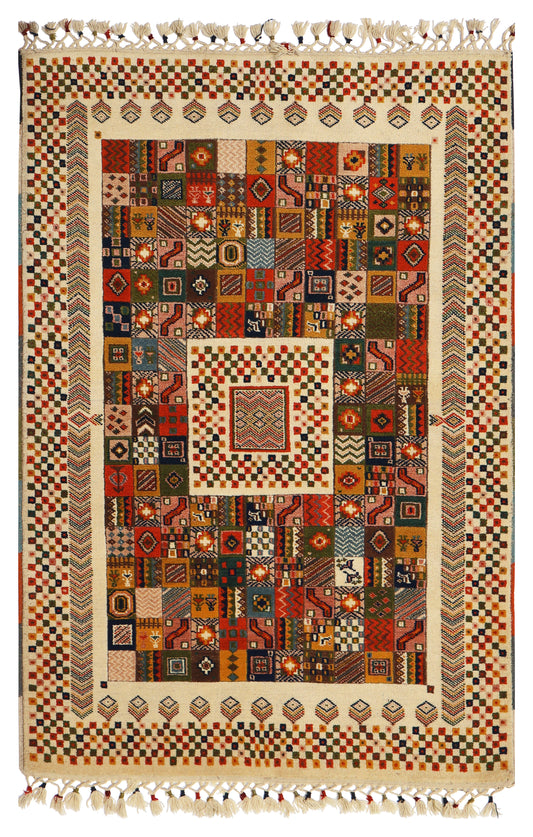 Ivory Cream Gabbeh Patchwork Panel Multicolour Folk Art Hand Knotted Wool Area Rug