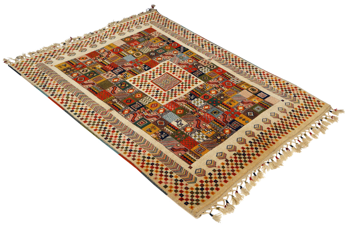 Ivory Cream Gabbeh Patchwork Panel Multicolour Folk Art Hand Knotted Wool Area Rug