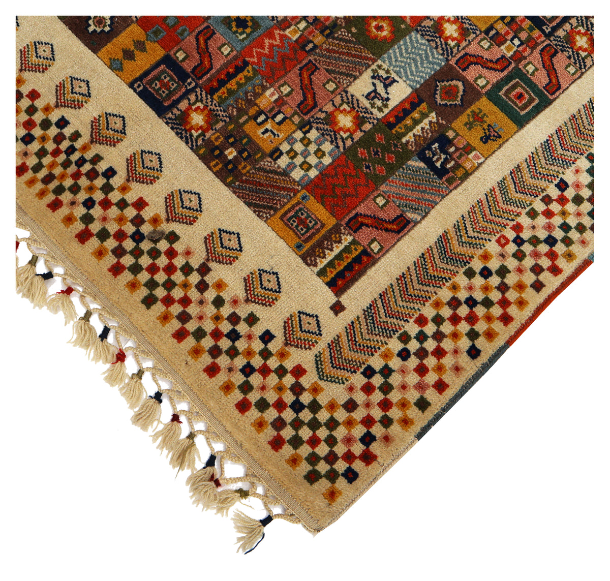 Ivory Cream Gabbeh Patchwork Panel Multicolour Folk Art Hand Knotted Wool Area Rug
