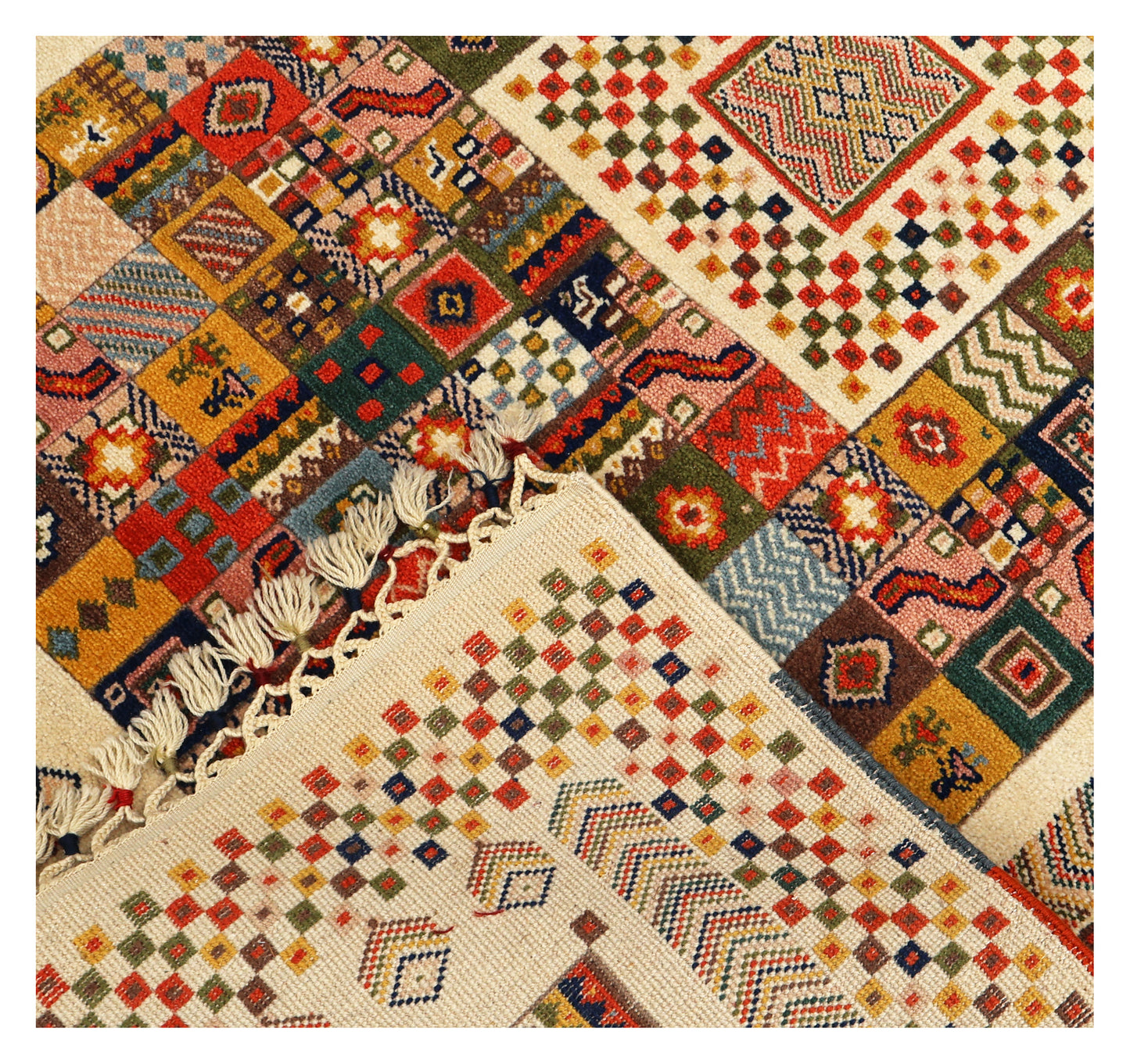 Ivory Cream Gabbeh Patchwork Panel Multicolour Folk Art Hand Knotted Wool Area Rug