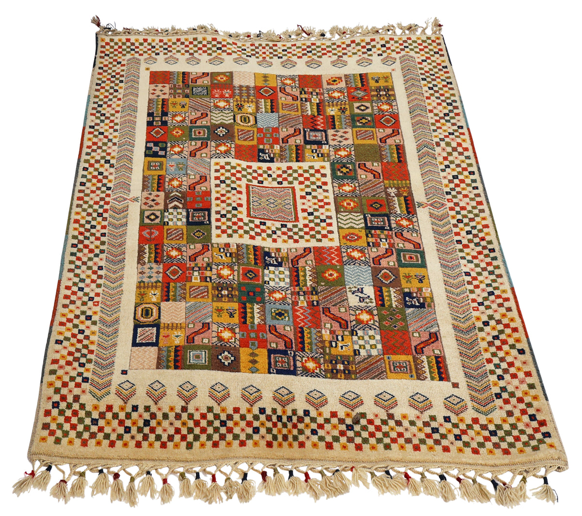 Ivory Cream Gabbeh Patchwork Panel Multicolour Folk Art Hand Knotted Wool Area Rug