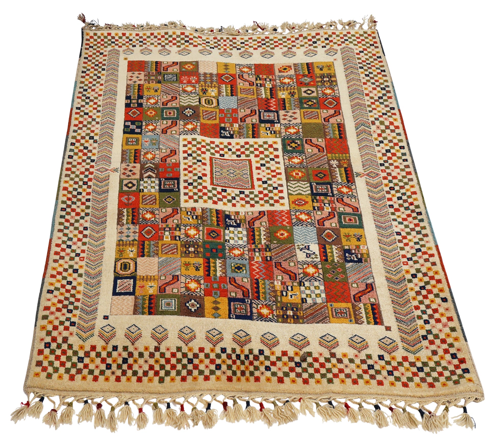 Ivory Cream Gabbeh Patchwork Panel Multicolour Folk Art Hand Knotted Wool Area Rug